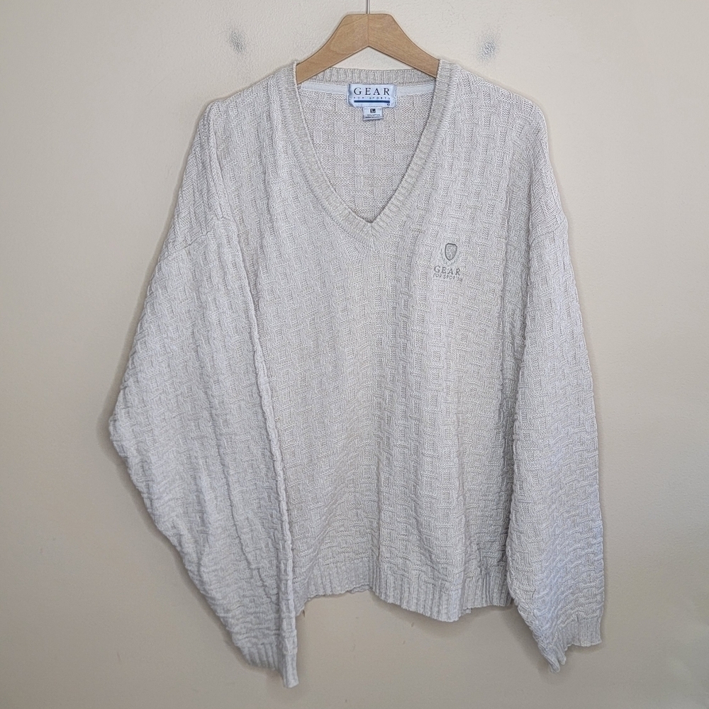 Vintage Gear For Sports | Beige Basketweave Knit V-Neck Sweater Size Large